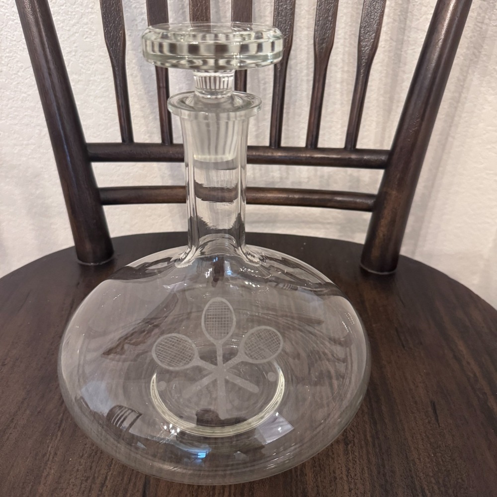 Vintage Glass Decanter Bottle & Stopper Etched Tennis Theme Whiskey Wine Spirits